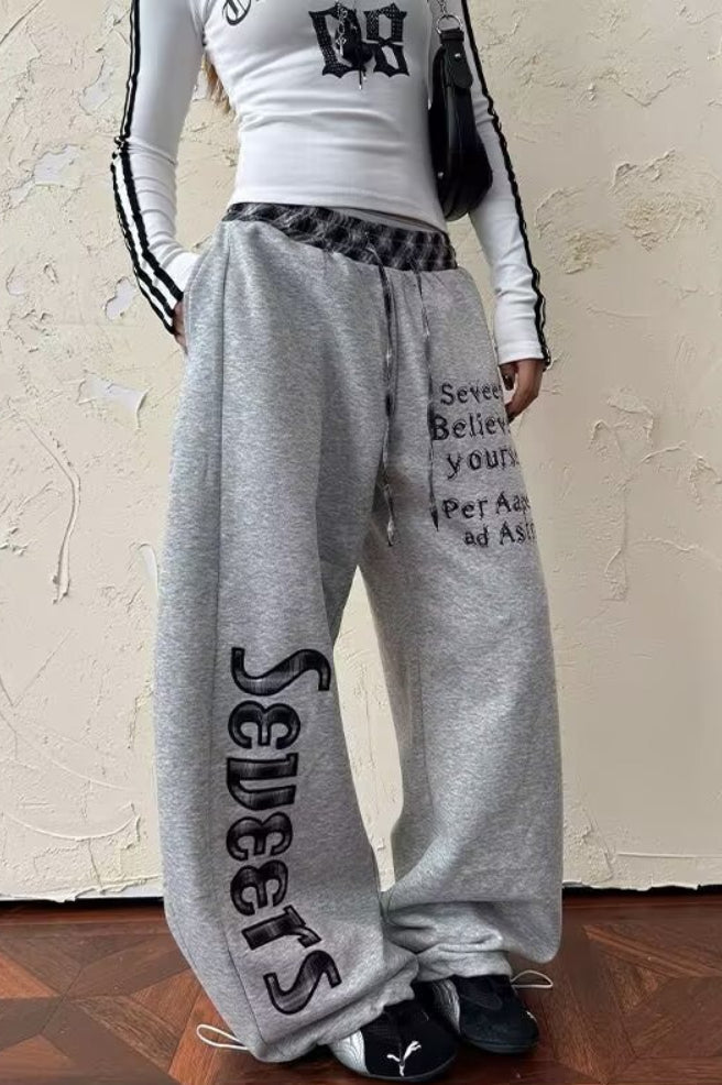 Plaid Patchwork Letter Graphic Baggy Sweat Pants
