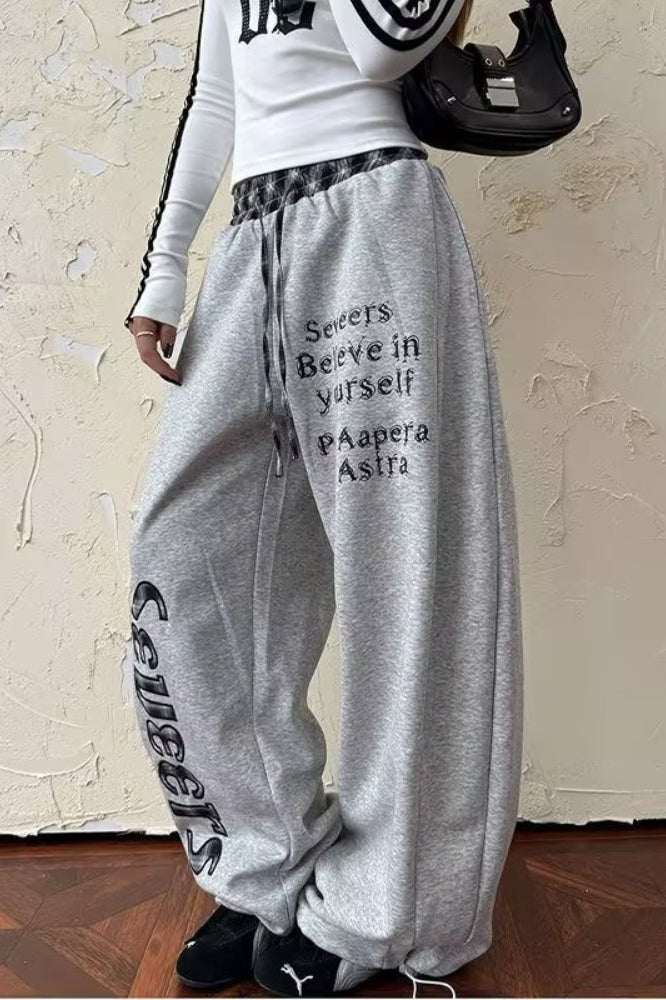 Plaid Patchwork Letter Graphic Baggy Sweat Pants