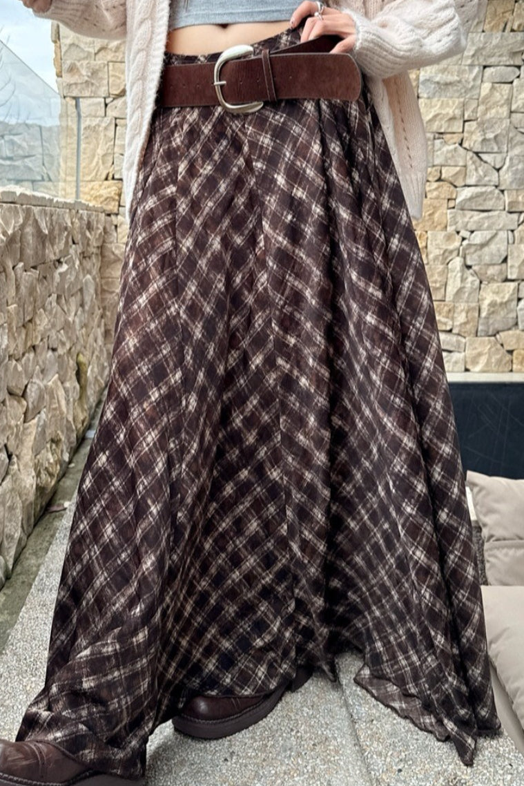 Plaid Vintage Earthy Tones High Waist Flowy Midi Skirt