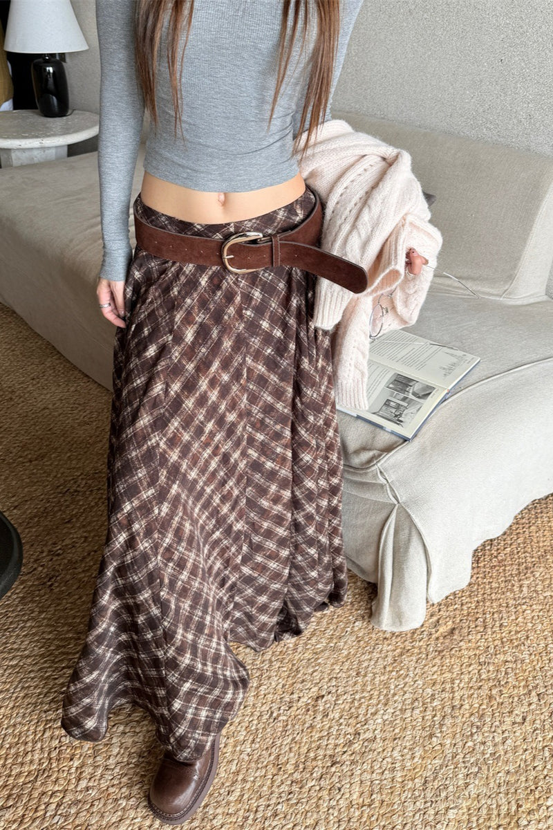 Plaid Vintage Earthy Tones High Waist Flowy Midi Skirt