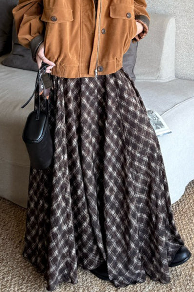 Plaid Vintage Earthy Tones High Waist Flowy Midi Skirt
