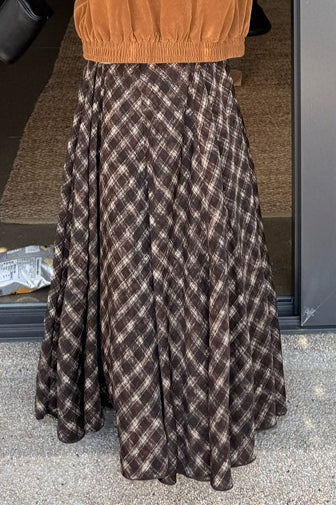 Plaid Vintage Earthy Tones High Waist Flowy Midi Skirt
