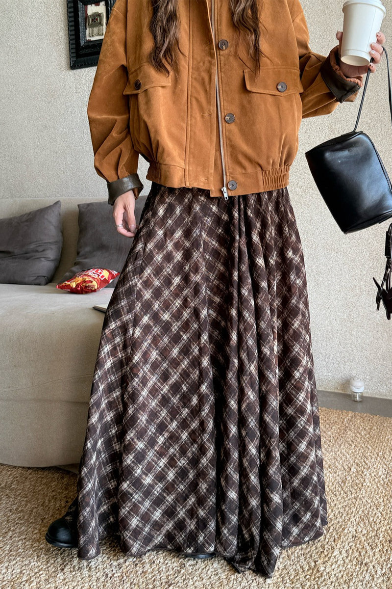 Plaid Vintage Earthy Tones High Waist Flowy Midi Skirt