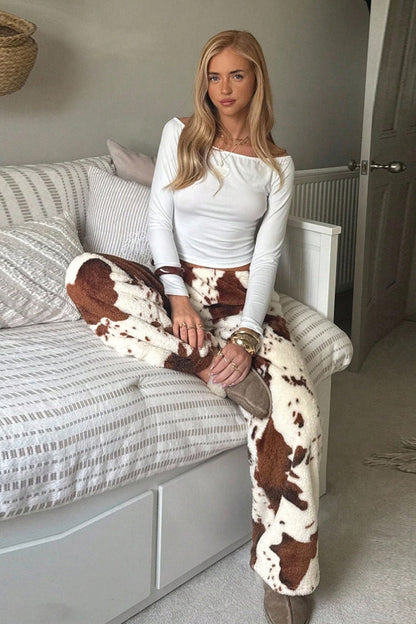 Playful Cow Print Fleece Relaxed Pants