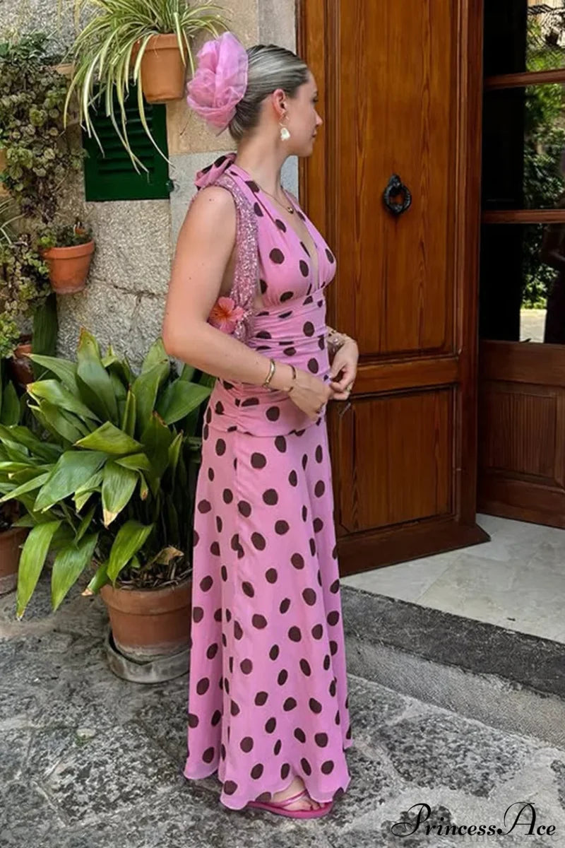 Polka Dot Halter V-Neck Color Block Bodycon Maxi Dress Pink / S