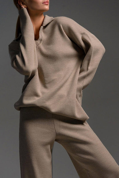 Polo Collar Knit Pullover Wide-Leg Pants Two Piece Set