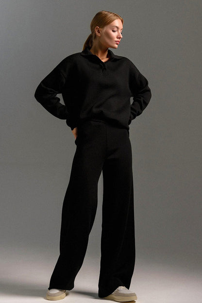 Polo Collar Knit Pullover Wide-Leg Pants Two Piece Set