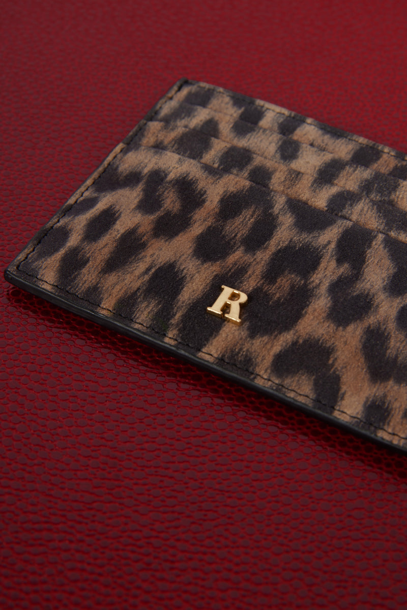 ESPRESSO leopard print leather card holder, front view by Rouje