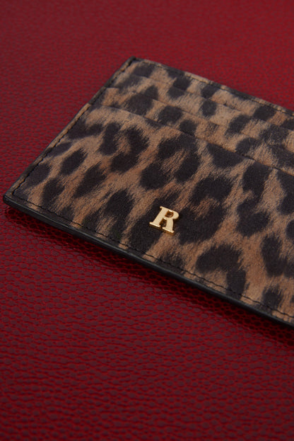 ESPRESSO leopard print leather card holder, front view by Rouje