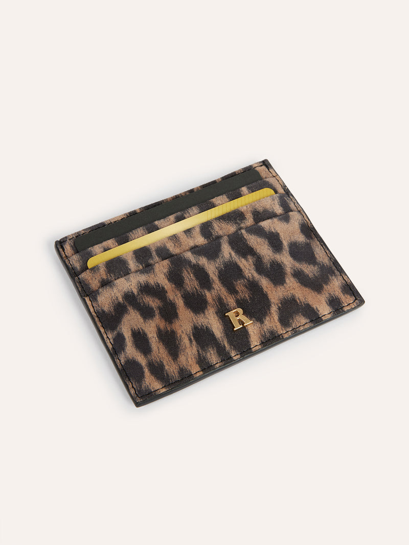 ESPRESSO leopard print leather card holder, open view by Rouje