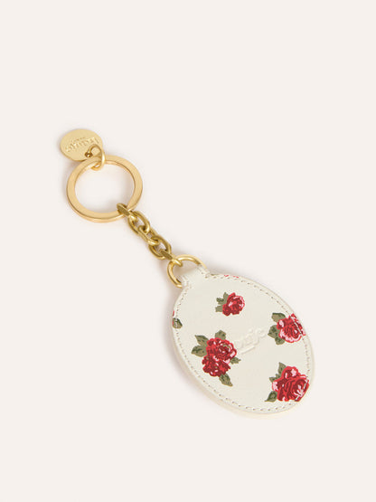CHARME ecru floral leather pocket mirror key ring, front view by Rouje