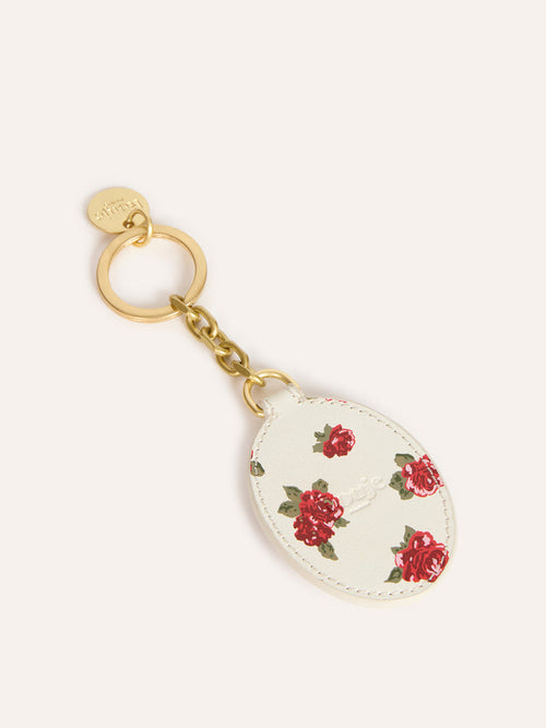 CHARME ecru floral leather pocket mirror key ring, front view by Rouje