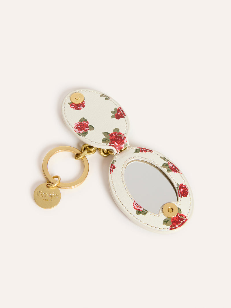 CHARME ecru floral leather pocket mirror key ring, detail view by Rouje
