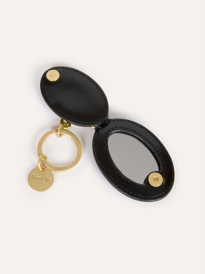 CHARME aged black leather pocket mirror key ring, detail view by Rouje
