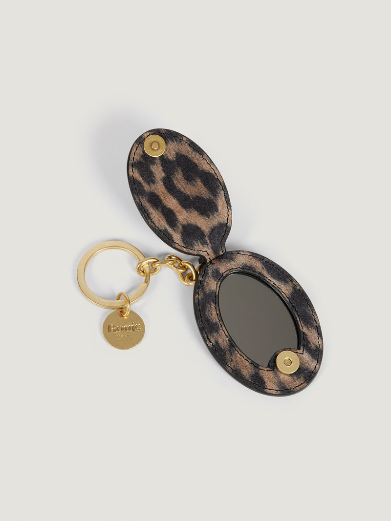 CHARME leopard print leather pocket mirror key ring, front view by Rouje