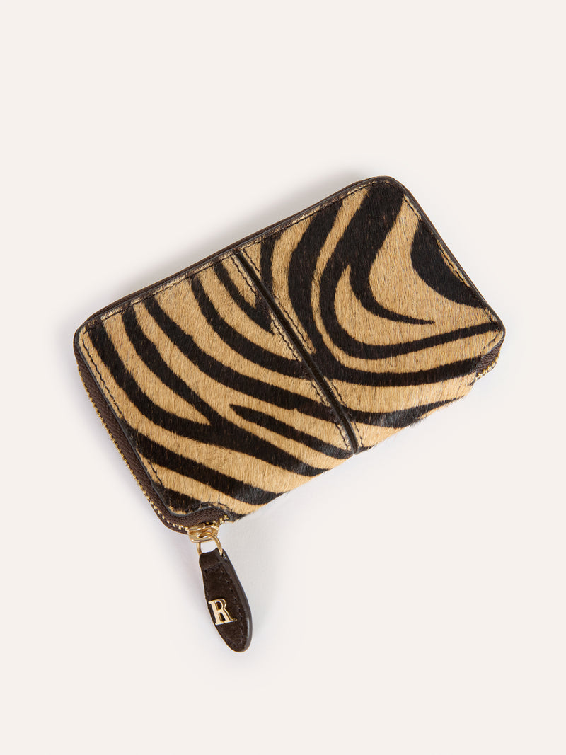 RISTRETTO zebra pony leather zippered wallet, closed view by Rouje