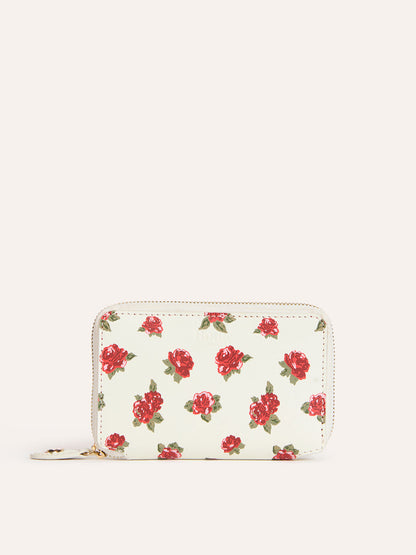 RISTRETTO ecru floral leather zippered wallet, front view by Rouje