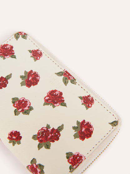 RISTRETTO ecru floral leather zippered wallet, flat packshot by Rouje