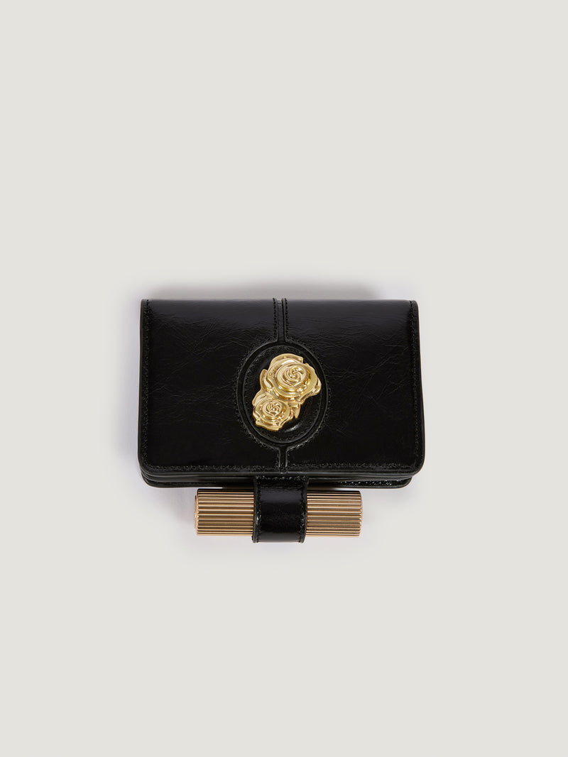 KIKI black leather wallet with lipstick clip, closed view by Rouje