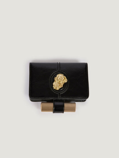 KIKI black leather wallet with lipstick clip, closed view by Rouje