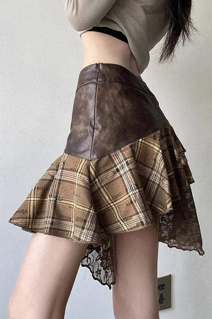 Post-Apoc Plaid Paneled V-Waist Mini Skirt