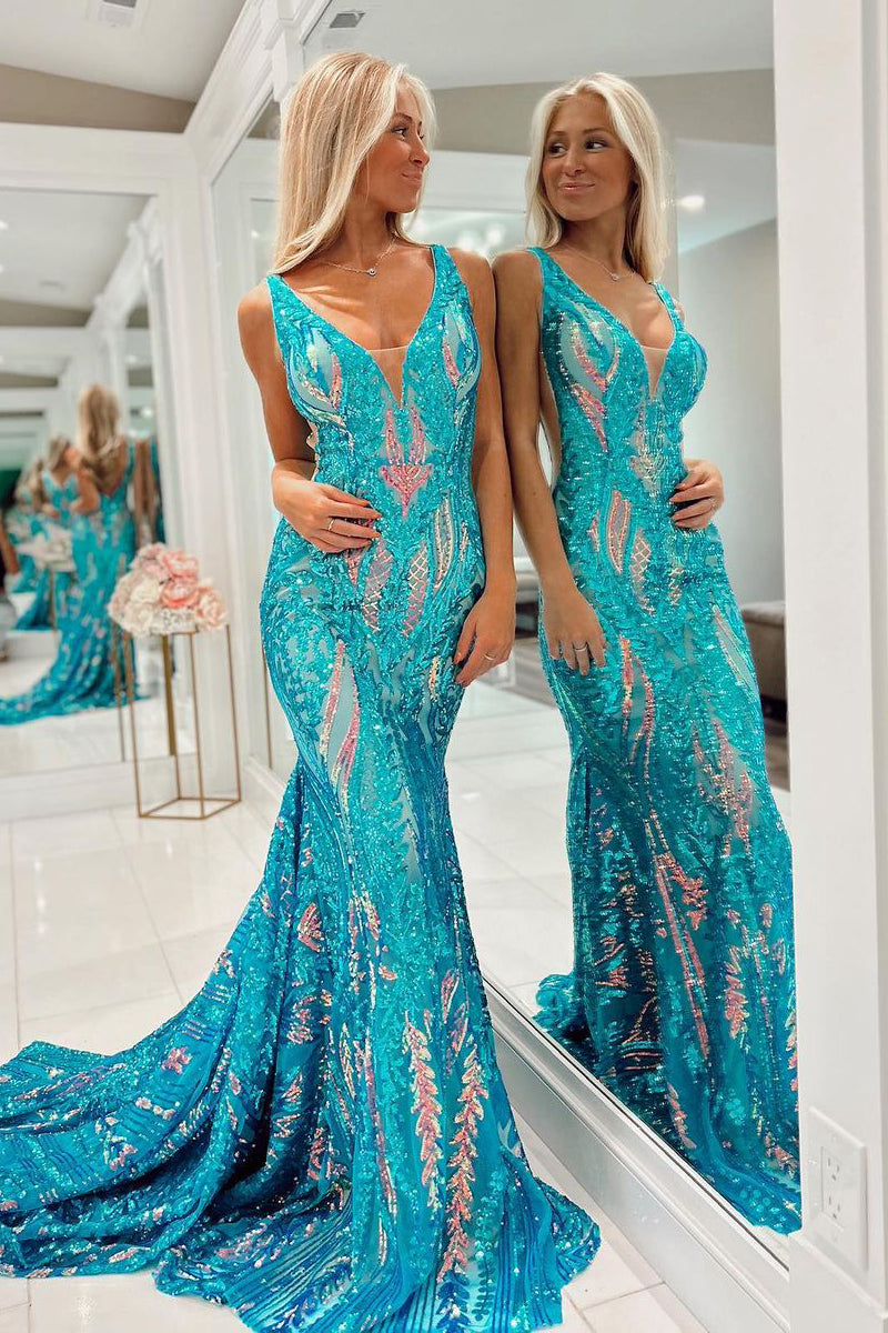 Pretty Fuchsia Sequin Lace V Neck Mermaid Long Prom Dresses