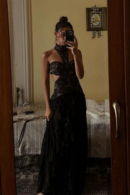 Black lace drop-waist maxi dress with lace accents, a drop waist dress essential.