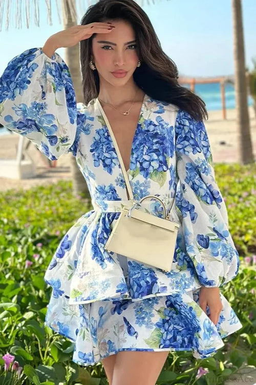 Printed Layered Ruffled Flared Sleeve Floral Dress Blue / S