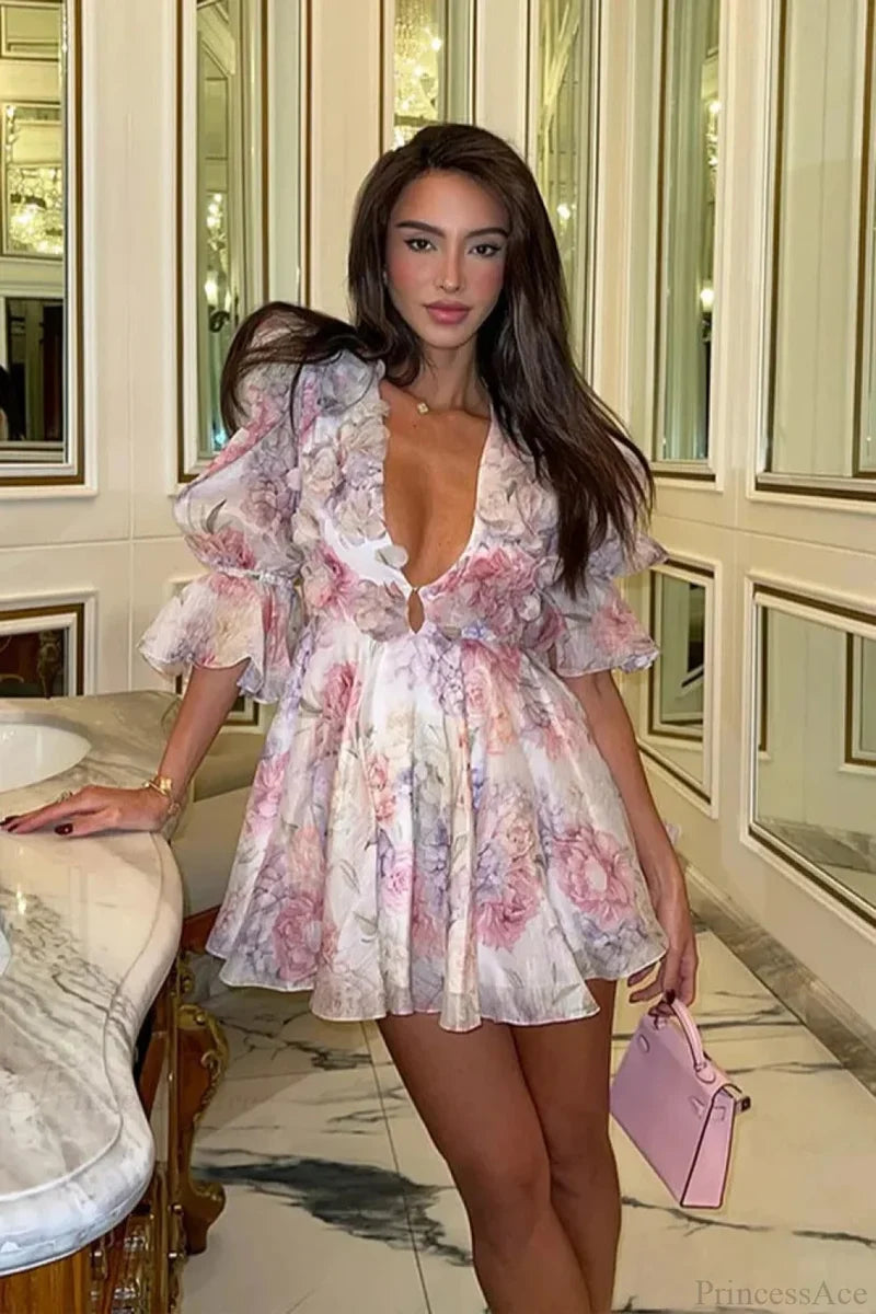 Printed Layered Ruffled Flared Sleeve Floral Dress Pink / S