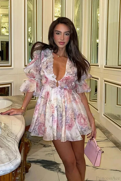 Printed Layered Ruffled Flared Sleeve Floral Dress Pink / S