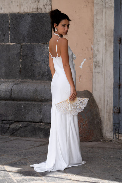 Prosecco White Rosette Frill Maxi Dress styled in a complete look from an alternate angle.