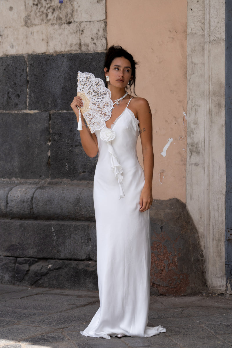 Prosecco White Rosette Frill Maxi Dress paired with complementary accessories for a polished look.