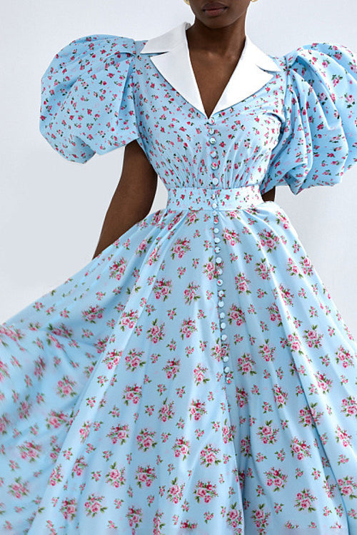 Puff Sleeve Collared High Waist Buttoned A Line Floral Dress