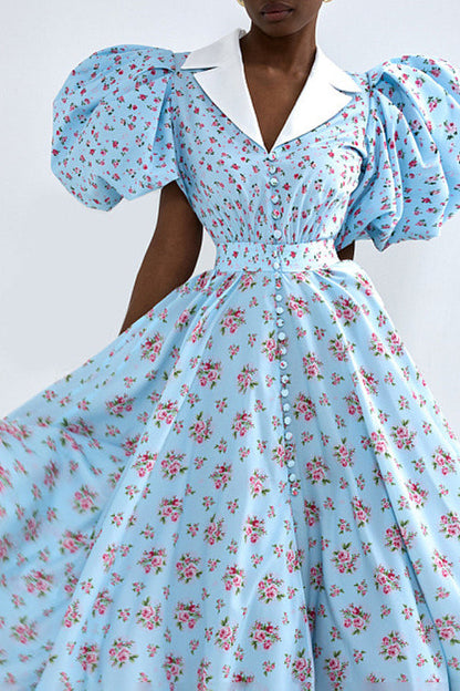 Puff Sleeve Collared High Waist Buttoned A Line Floral Dress