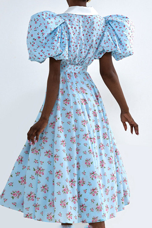 Puff Sleeve Collared High Waist Buttoned A Line Floral Dress