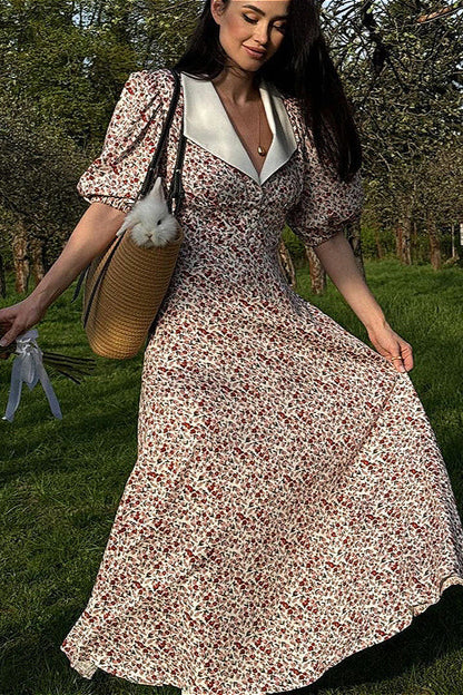 Puff Sleeve Digital Print Peter Pan Collar High Waist Maxi Floral Dress