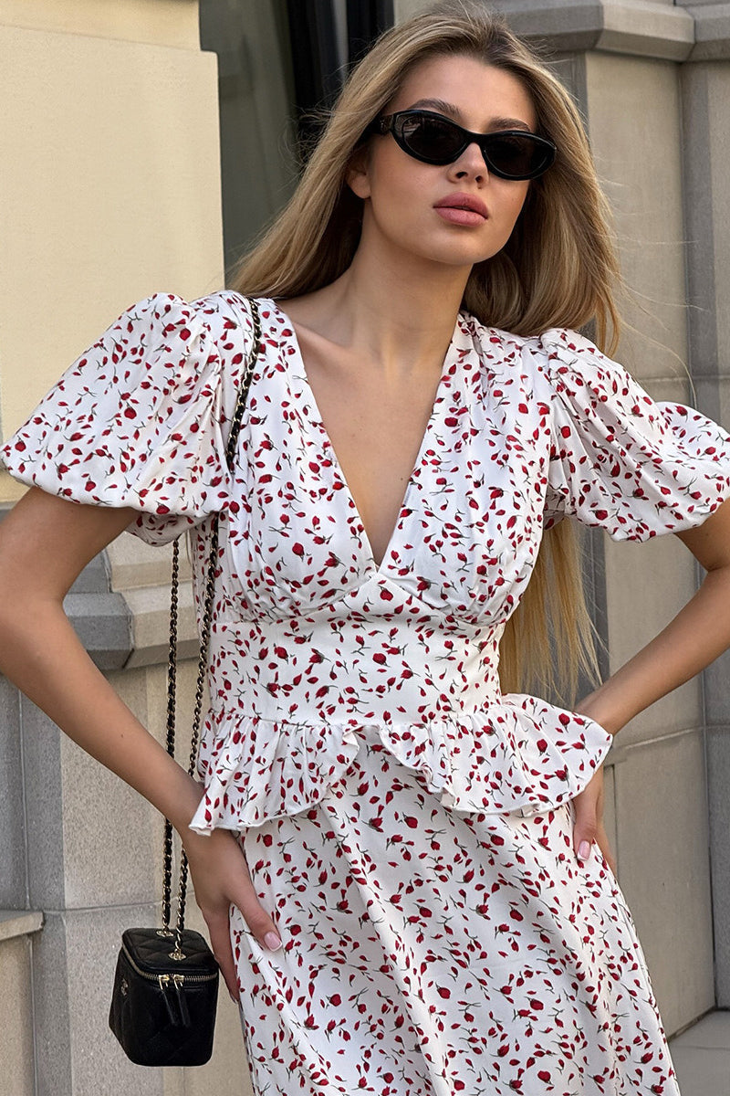 Puff Sleeve Fitted Waist Floral Dress