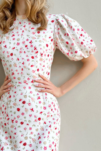 Puff Sleeve Slim Waist Long Floral Dress