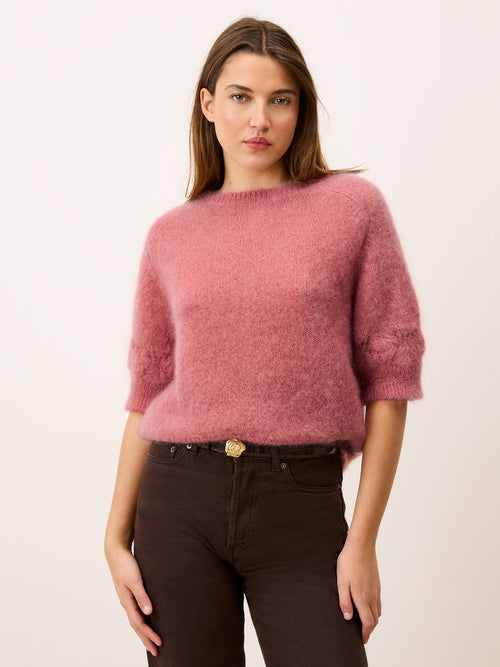 OLIVIA blush loose mohair sweater with puff sleeves, front view by Rouje