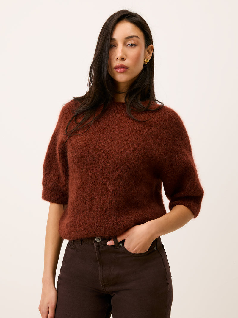 Front view of the Olivia mohair sweater in carmin red