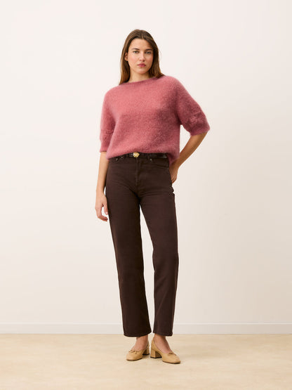 OLIVIA blush loose mohair sweater worn on a model by Rouje