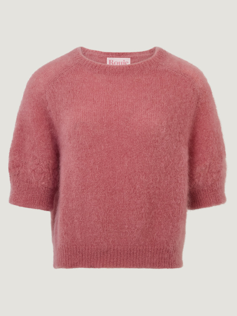 OLIVIA blush loose mohair sweater with puff sleeves, flat packshot by Rouje