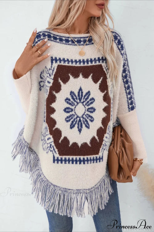 Pullover Knit Ethnic Long Sleeve Blouse Apricot / One Size