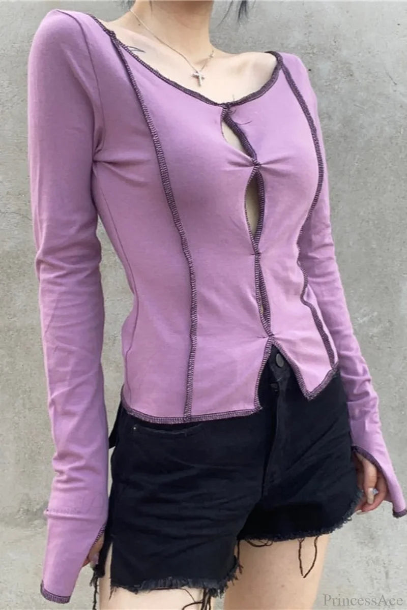 Purple Sexy Color Block Cutout Crew Neck Long Sleeve Tee