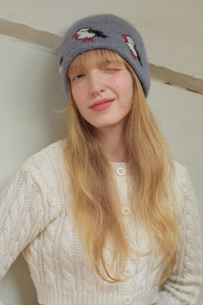 Rabbit Hair Blend Bird Pattern Color Block Knitted Hat