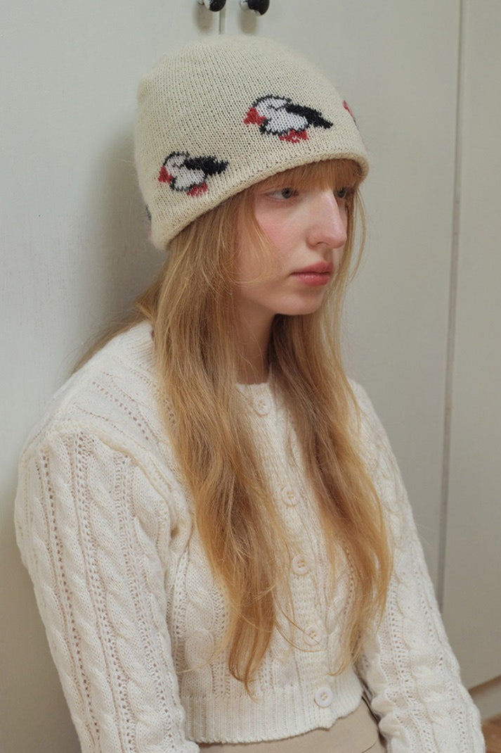 Rabbit Hair Blend Bird Pattern Color Block Knitted Hat