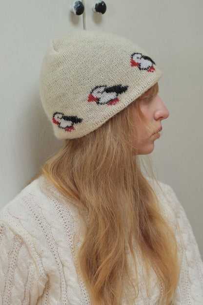 Rabbit Hair Blend Bird Pattern Color Block Knitted Hat
