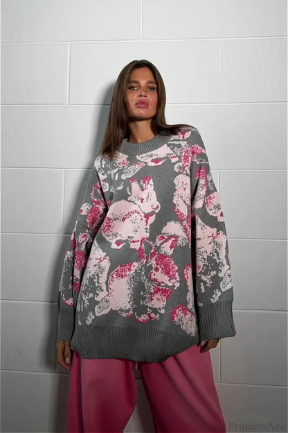 Rabbit Pattern Loose Lazy Colorblock Sweater