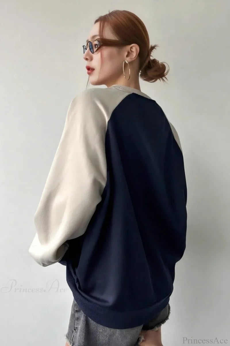 Raglan Sleeve Color Block Crew Neck Relaxed Sweatshirts