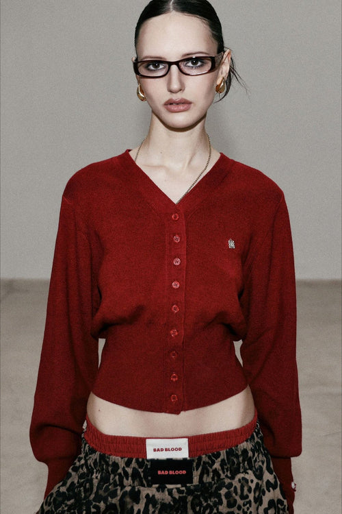 Red V Neck Knit Cardigan Blouse